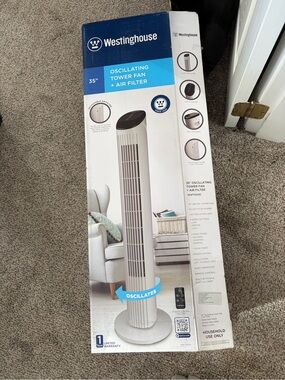 35" White Oscillating Tower Fan with Air Filter and Remote